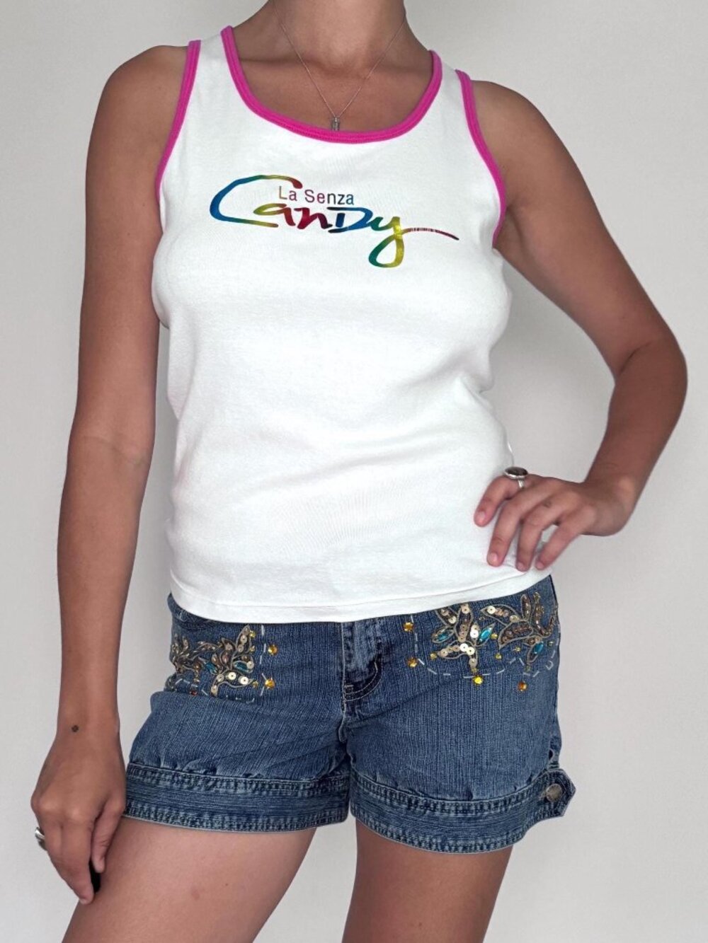 Y2K vintage La Senza Candy white pink rainbow pure cotton sleeveless tank top
